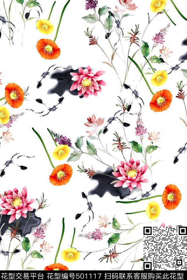 散花植物效清新数码印花华亿平台下载（图片编号: 501117） - 瓦栏（Walan）