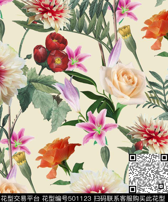 花卉百合散花数码印花华亿平台下载（图片编号: 501123） - 瓦栏（Walan）