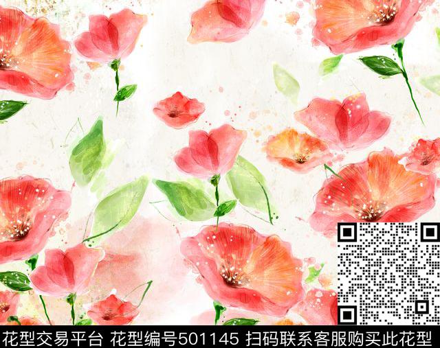 手绘抽象喇叭花荷花数码印花华亿平台下载（图片编号: 501145） - 瓦栏（Walan）