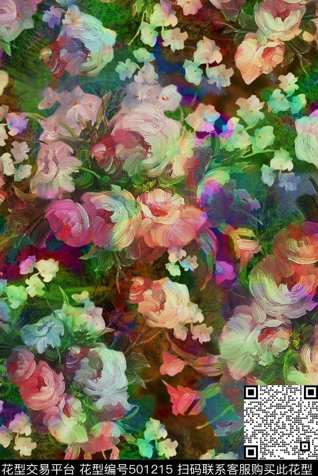 复古玫瑰笔触数码印花华亿平台下载（图片编号: 501215） - 瓦栏（Walan）