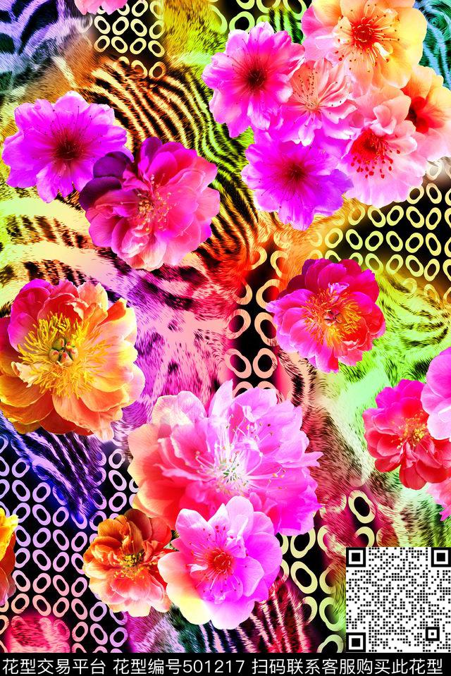 时尚斑马纹花卉数码印花华亿平台下载（图片编号: 501217） - 瓦栏（Walan）