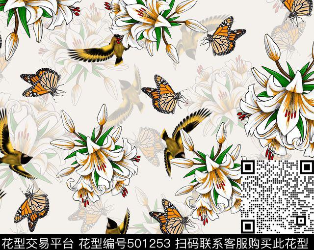 潮流时尚花卉舞蝶数码印花.数码印花华亿平台下载（图片编号: 501253） - 瓦栏（Walan）