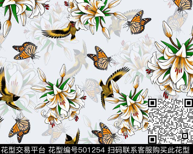 潮流时尚花卉舞蝶数码印花.数码印花华亿平台下载（图片编号: 501254） - 瓦栏（Walan）