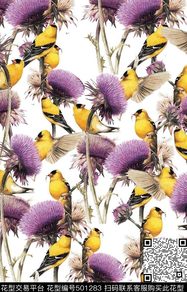 潮流时尚时尚水彩花复古鸟数码印花华亿平台下载（图片编号: 501283） - 瓦栏（Walan）