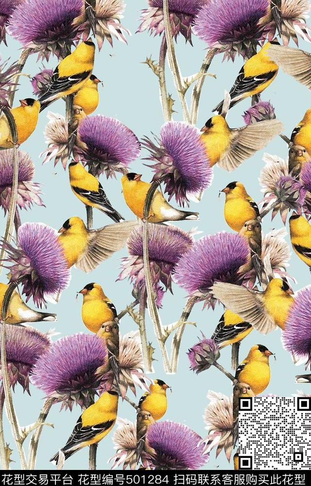 潮流时尚时尚水彩花复古鸟数码印花华亿平台下载（图片编号: 501284） - 瓦栏（Walan）