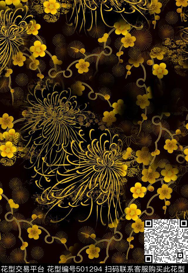 日本花卉金色数码印花华亿平台下载（图片编号: 501294） - 瓦栏（Walan）