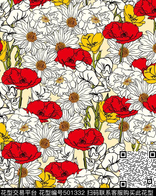 乱花大花手绘女装大红传统印花华亿平台下载（图片编号: 501332） - 瓦栏（Walan）