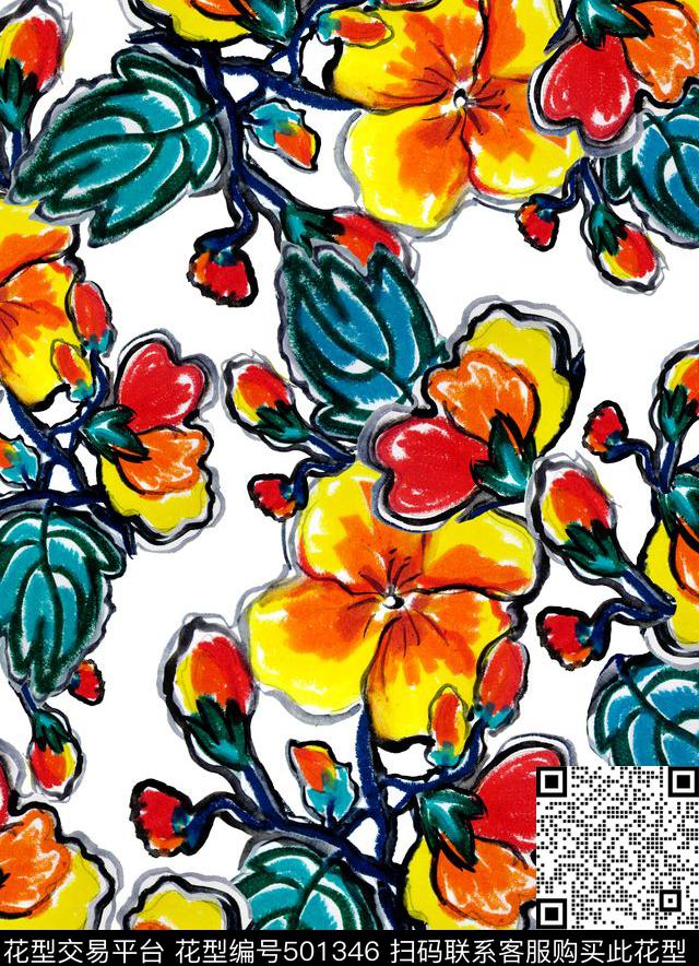 手绘水彩油彩花卉橘色黄色绿色时尚数码印花油彩大牌数码印花华亿平台下载（图片编号: 501346） - 瓦栏（Walan）