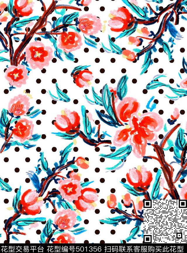 手绘波点油彩花卉蓝绿红色年轻时尚大牌传统印花华亿平台下载（图片编号: 501356） - 瓦栏（Walan）