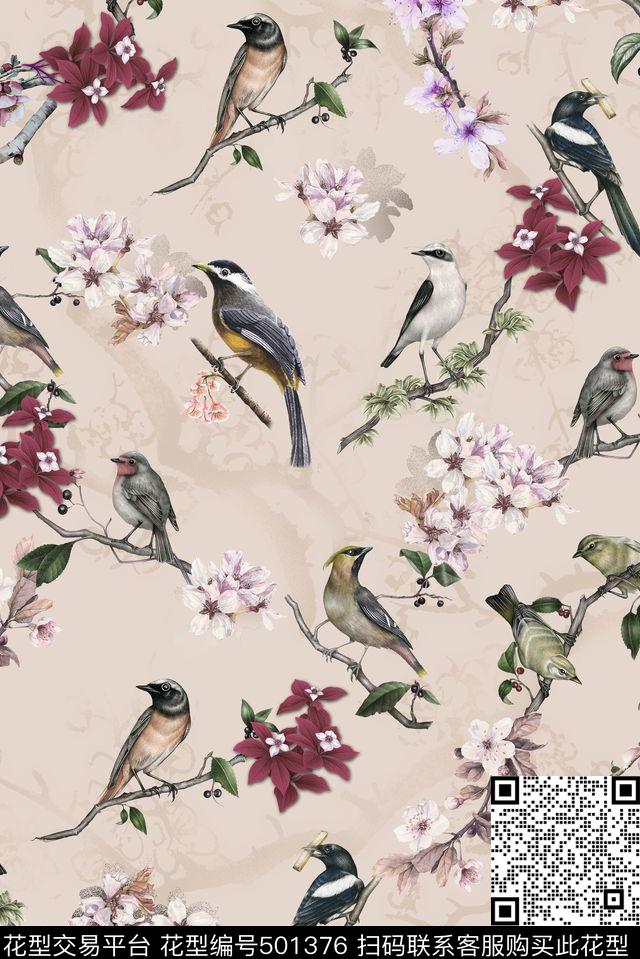 鸟、树枝手绘手绘花卉数码印花华亿平台下载（图片编号: 501376） - 瓦栏（Walan）