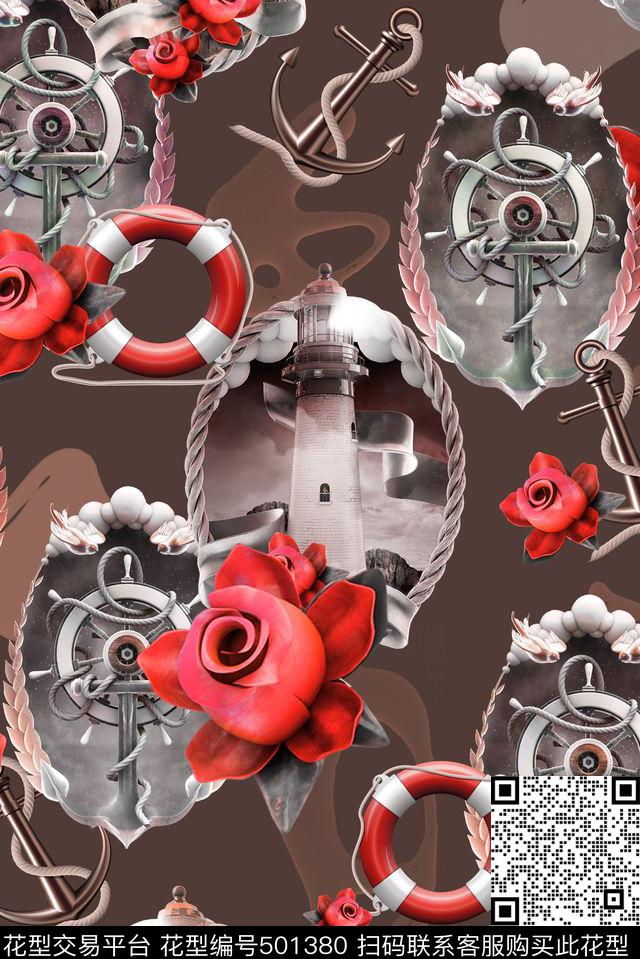 手绘灯塔、船舵、救生圈、船锚、花卉手绘花卉数码印花华亿平台下载（图片编号: 501380） - 瓦栏（Walan）