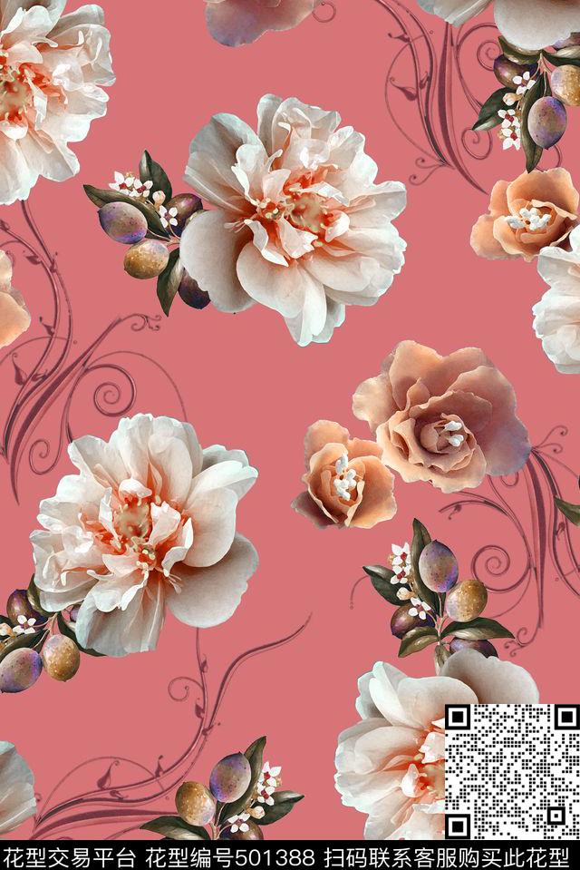 花卉、果子手绘手绘花卉数码印花华亿平台下载（图片编号: 501388） - 瓦栏（Walan）