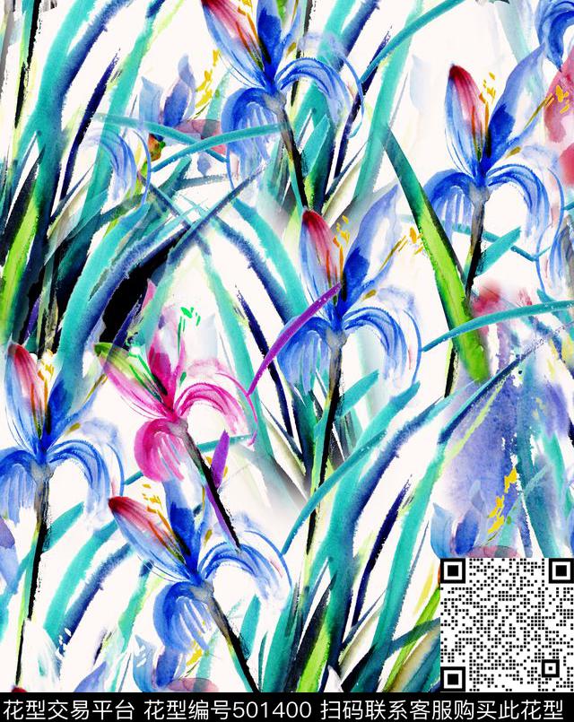 手绘水彩鸢尾花花卉年轻时尚大牌数码印花华亿平台下载（图片编号: 501400） - 瓦栏（Walan）