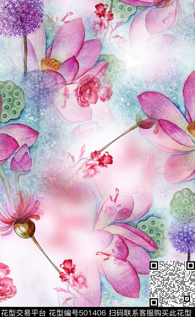 荷花花卉手绘数码印花华亿平台下载（图片编号: 501406） - 瓦栏（Walan）