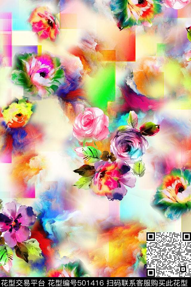 抽象手绘花卉数码印花华亿平台下载（图片编号: 501416） - 瓦栏（Walan）