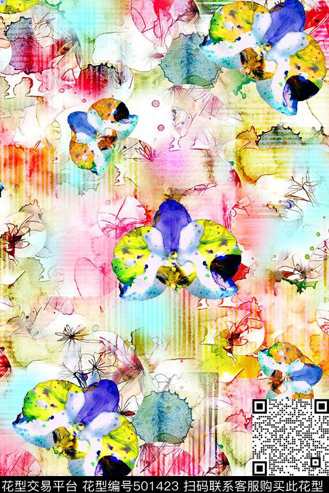 抽象水彩花卉数码印花华亿平台下载（图片编号: 501423） - 瓦栏（Walan）