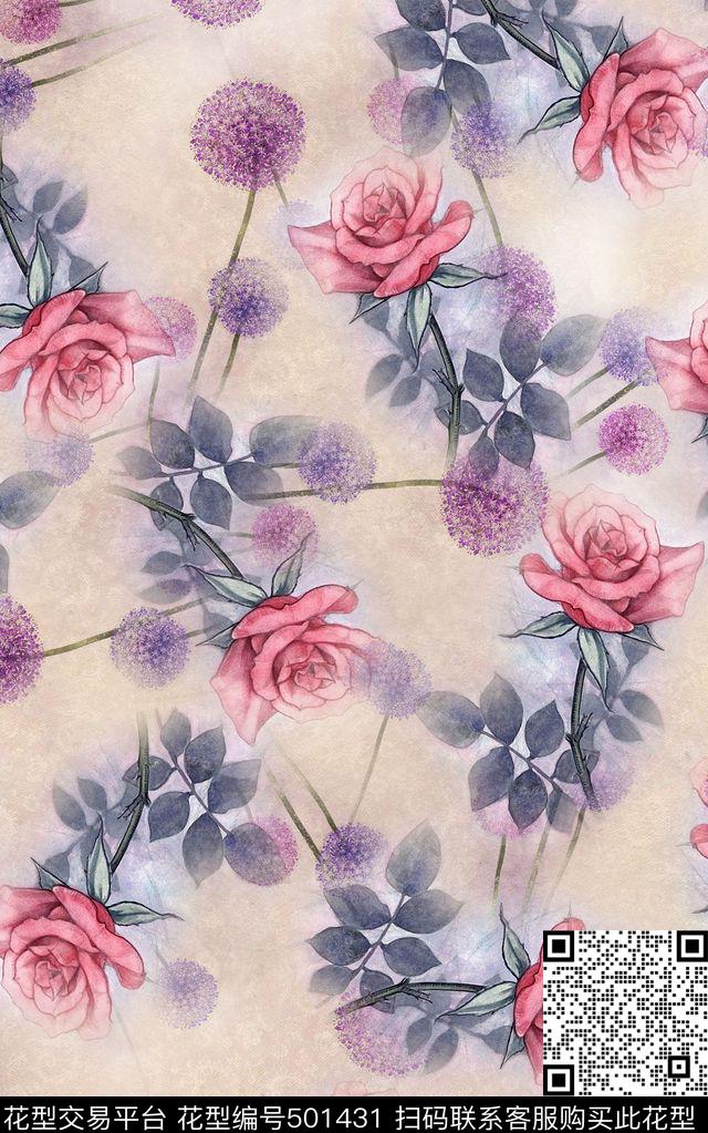 叶花卉蒲公英数码印花华亿平台下载（图片编号: 501431） - 瓦栏（Walan）