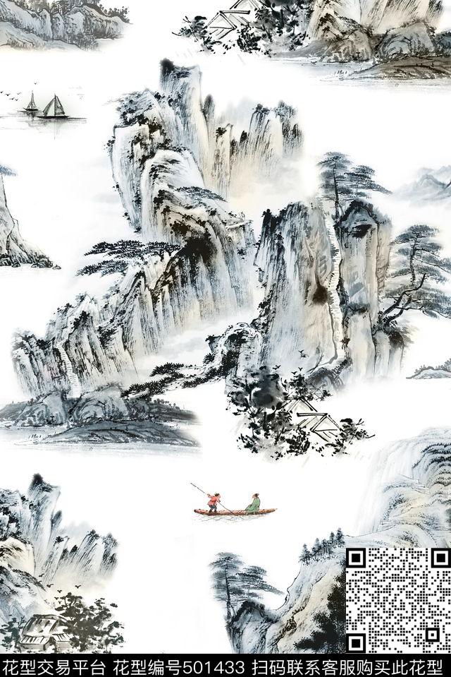 山水、船、鹤、松树中国风数码印花华亿平台下载（图片编号: 501433） - 瓦栏（Walan）