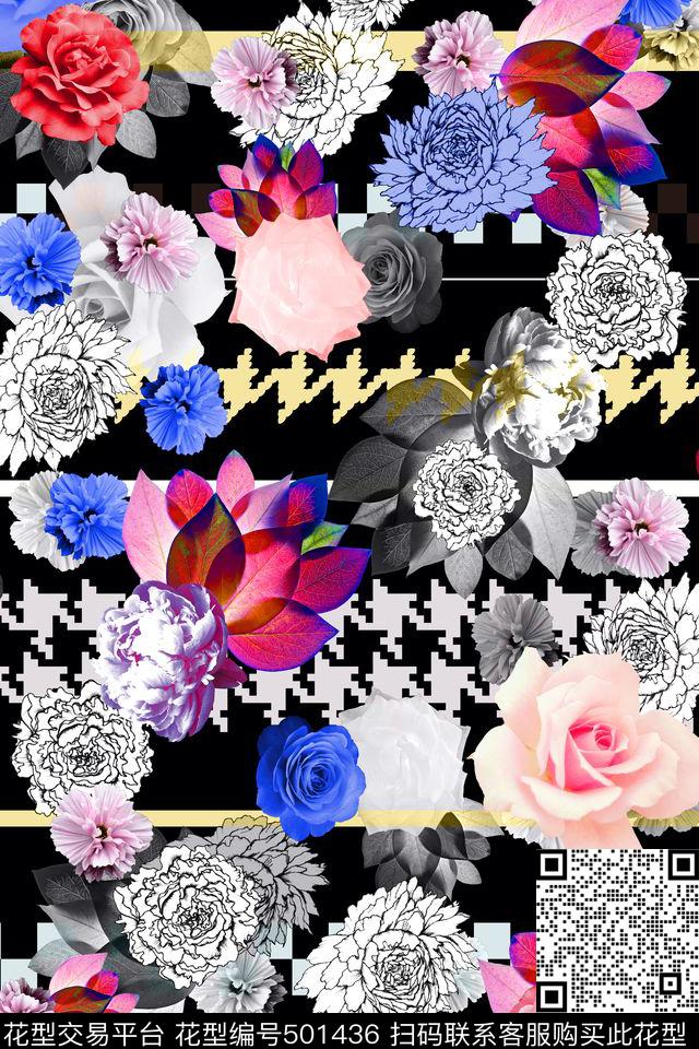 花卉几何千鸟格数码印花华亿平台下载（图片编号: 501436） - 瓦栏（Walan）