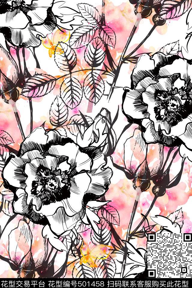 大牌花卉水彩数码印花华亿平台下载（图片编号: 501458） - 瓦栏（Walan）