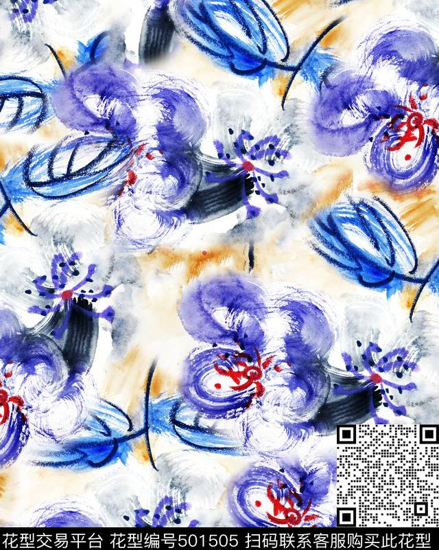 手绘蓝紫色水彩花卉抽象年轻时尚清新自然抽象色彩数码印花华亿平台下载（图片编号: 501505） - 瓦栏（Walan）