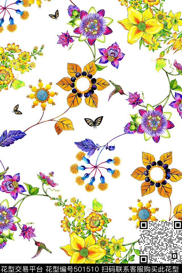 炫彩小花清新组合数码印花华亿平台下载（图片编号: 501510） - 瓦栏（Walan）