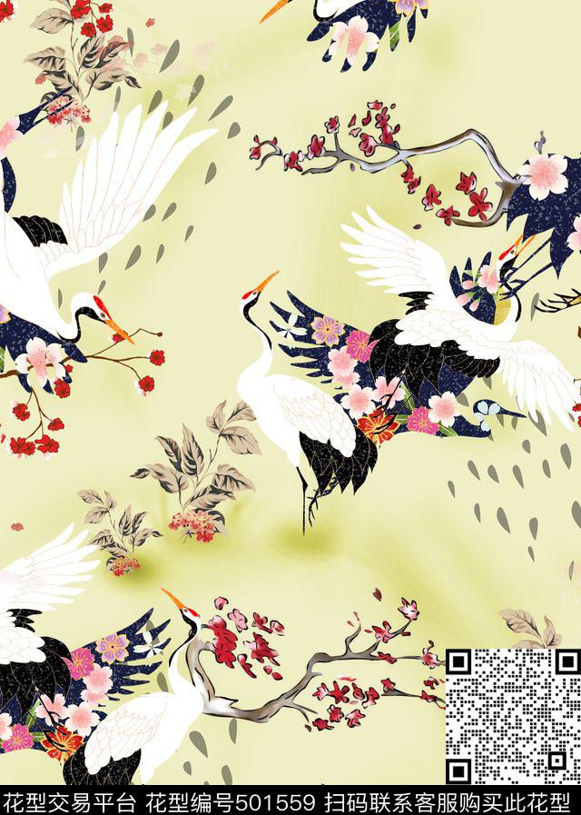 仙鹤梅花树叶数码印花华亿平台下载（图片编号: 501559） - 瓦栏（Walan）