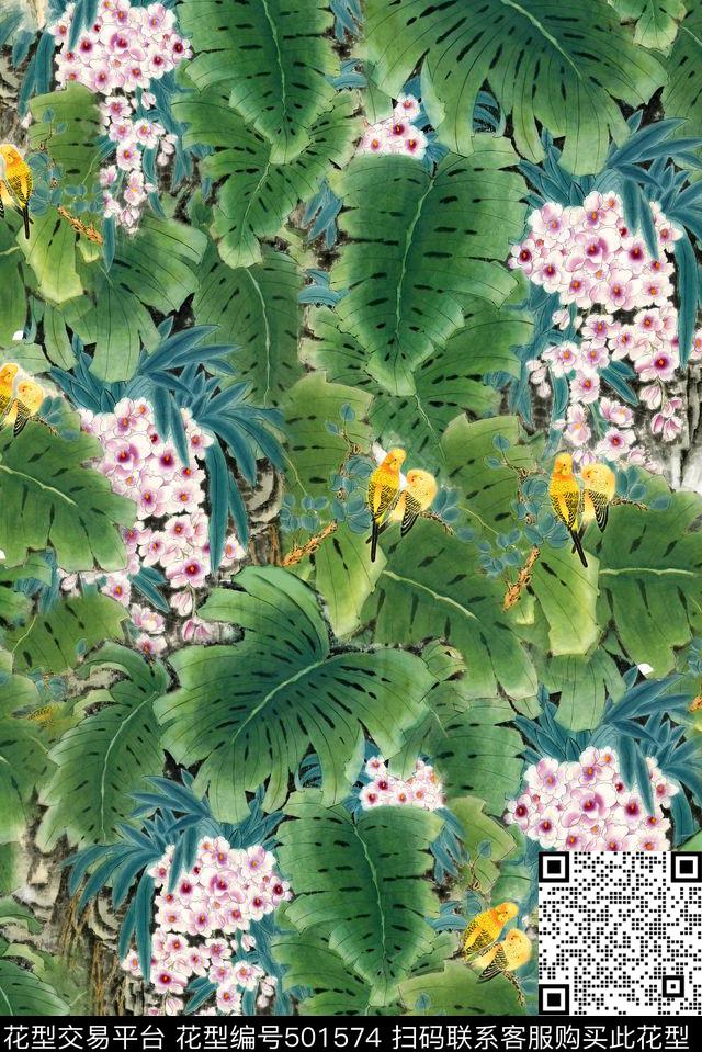 热带植物芭蕉叶国画数码印花华亿平台下载（图片编号: 501574） - 瓦栏（Walan）