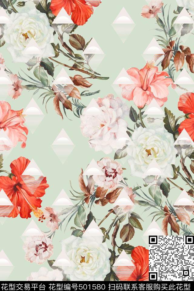 甜美花卉小几何加花卉组合数码印花华亿平台下载（图片编号: 501580） - 瓦栏（Walan）