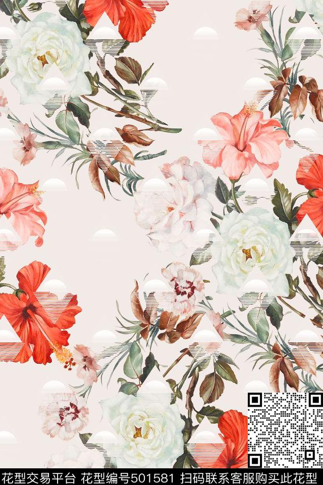 甜美花卉小几何加花卉组合数码印花华亿平台下载（图片编号: 501581） - 瓦栏（Walan）