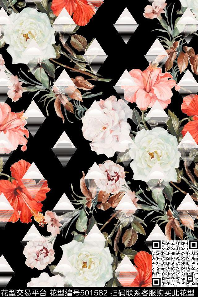 甜美花卉小几何加花卉组合数码印花华亿平台下载（图片编号: 501582） - 瓦栏（Walan）