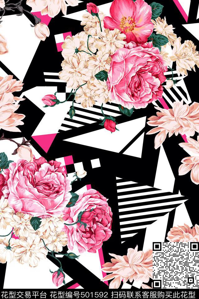 牡丹时尚拼贴数码印花华亿平台下载（图片编号: 501592） - 瓦栏（Walan）