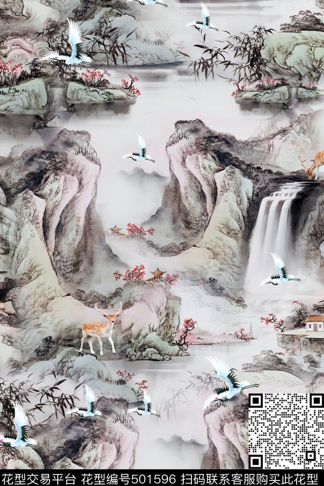 时尚写意山水数码印花华亿平台下载（图片编号: 501596） - 瓦栏（Walan）