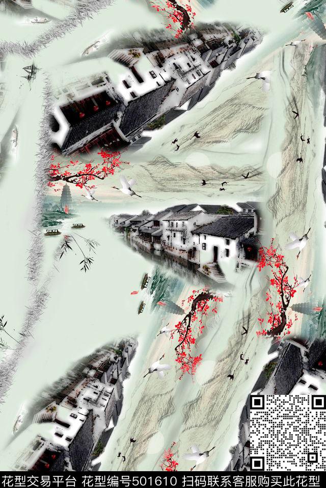 水江南风景写意水墨数码印花华亿平台下载（图片编号: 501610） - 瓦栏（Walan）
