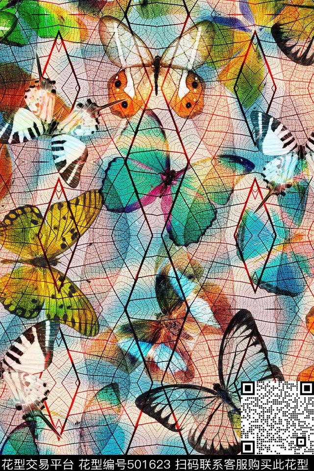休闲蝴蝶树叶数码印花华亿平台下载（图片编号: 501623） - 瓦栏（Walan）