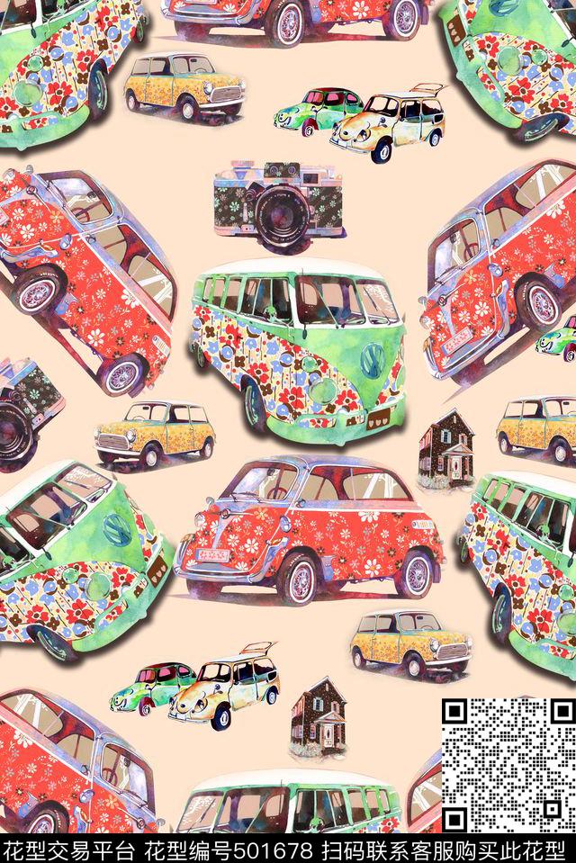 清爽趣味波普手绘汽车手绘数码印花华亿平台下载（图片编号: 501678） - 瓦栏（Walan）