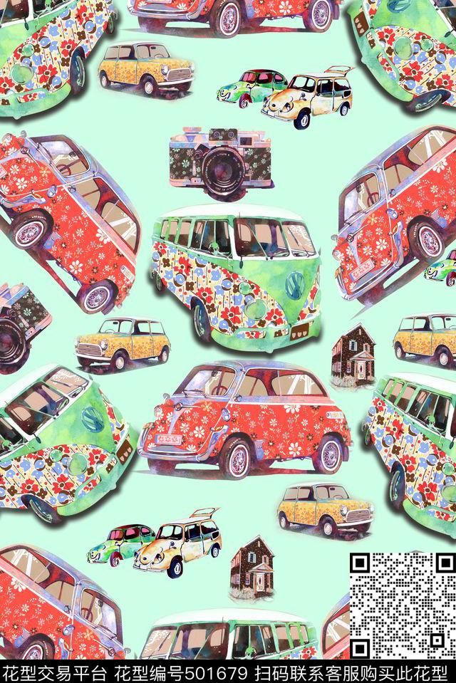 清爽趣味波普手绘汽车手绘数码印花华亿平台下载（图片编号: 501679） - 瓦栏（Walan）