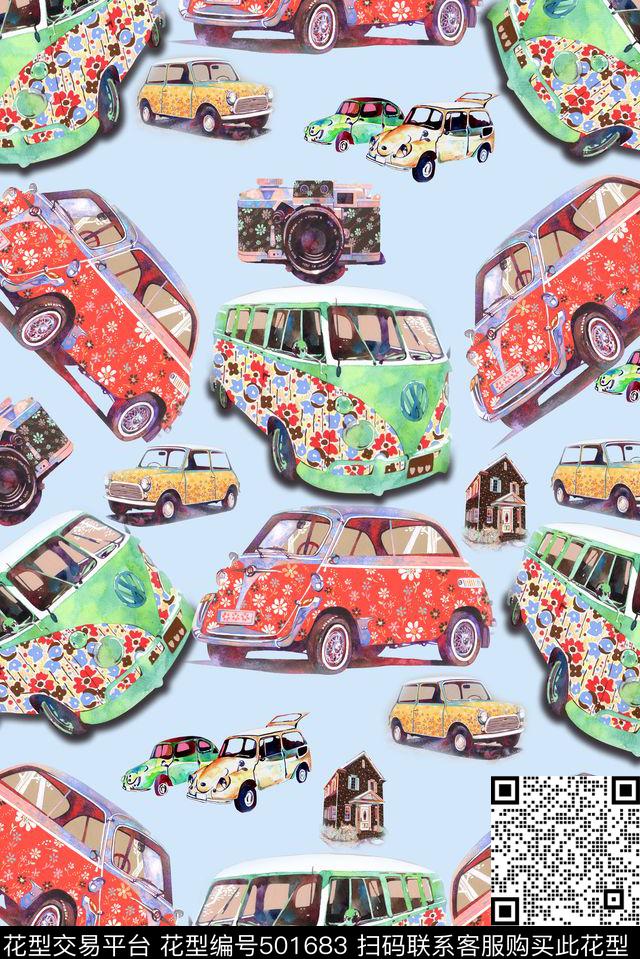 清爽趣味波普手绘汽车手绘数码印花华亿平台下载（图片编号: 501683） - 瓦栏（Walan）