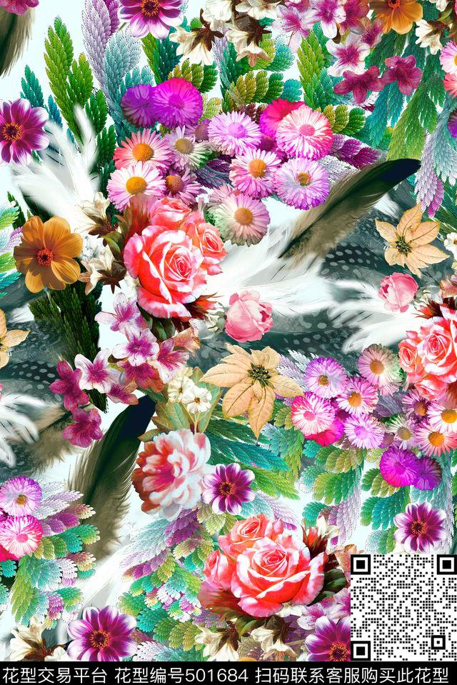 手绘多彩花卉羽毛手绘数码印花华亿平台下载（图片编号: 501684） - 瓦栏（Walan）