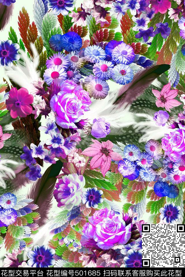 手绘多彩花卉羽毛手绘数码印花华亿平台下载（图片编号: 501685） - 瓦栏（Walan）