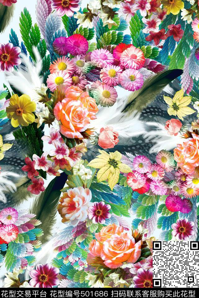 手绘多彩花卉羽毛手绘数码印花华亿平台下载（图片编号: 501686） - 瓦栏（Walan）