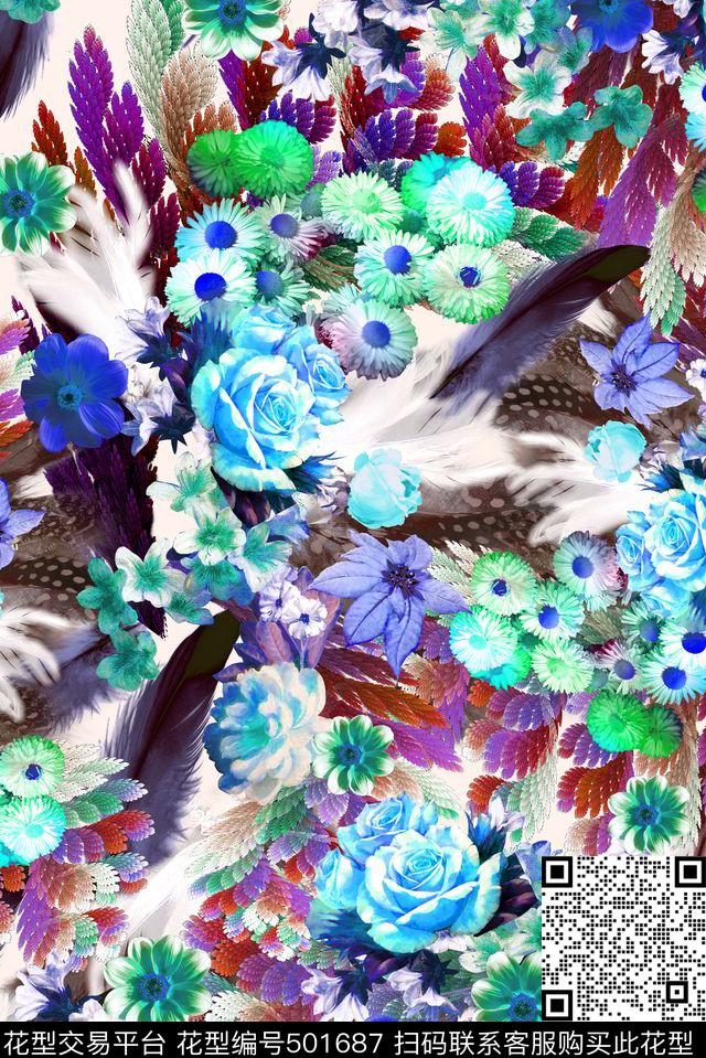 手绘多彩花卉羽毛手绘数码印花华亿平台下载（图片编号: 501687） - 瓦栏（Walan）