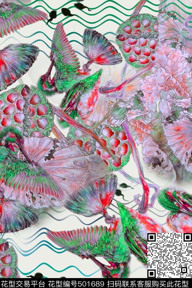 中国风工笔花鸟手绘数码印花华亿平台下载（图片编号: 501689） - 瓦栏（Walan）