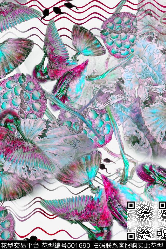 中国风工笔花鸟手绘数码印花华亿平台下载（图片编号: 501690） - 瓦栏（Walan）