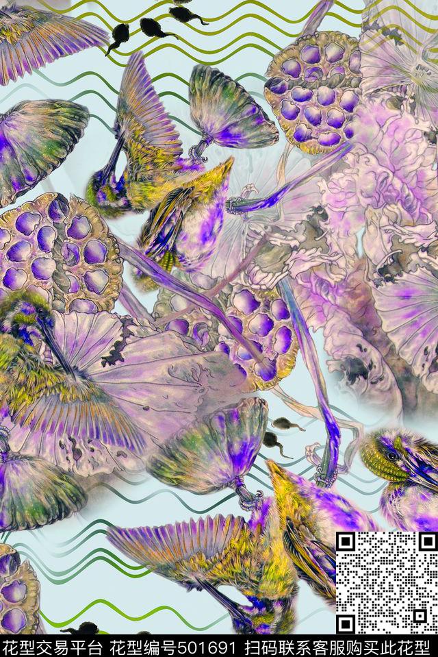 中国风工笔花鸟手绘数码印花华亿平台下载（图片编号: 501691） - 瓦栏（Walan）