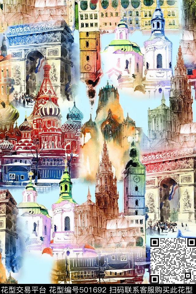 建筑风景手绘休闲风手绘数码印花华亿平台下载（图片编号: 501692） - 瓦栏（Walan）