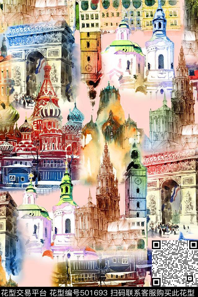 手绘休闲风建筑风景手绘数码印花华亿平台下载（图片编号: 501693） - 瓦栏（Walan）