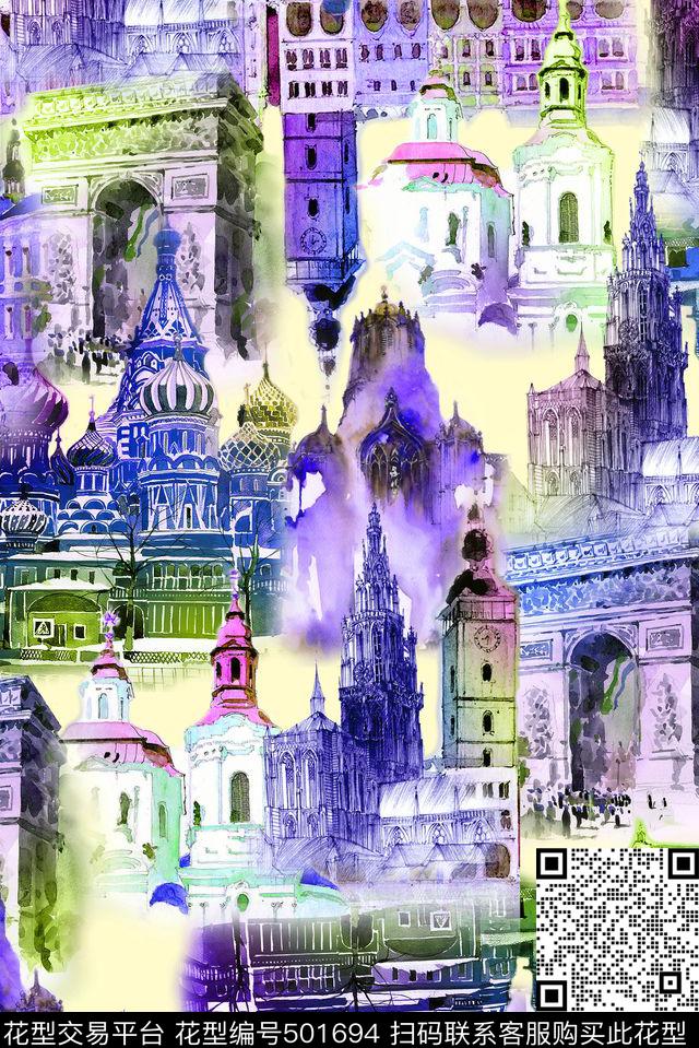 手绘休闲风建筑风景手绘数码印花华亿平台下载（图片编号: 501694） - 瓦栏（Walan）