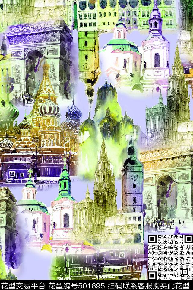 手绘休闲风建筑风景手绘数码印花华亿平台下载（图片编号: 501695） - 瓦栏（Walan）