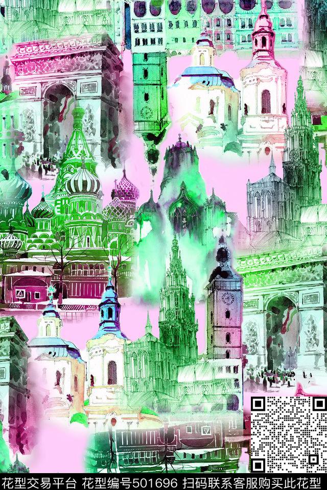 手绘休闲风建筑风景手绘数码印花华亿平台下载（图片编号: 501696） - 瓦栏（Walan）